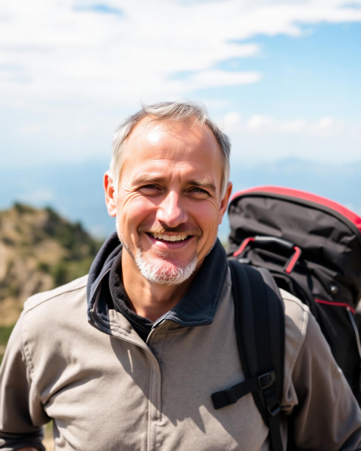 Local Albanian tour guide smiling on a mountain viewpoint